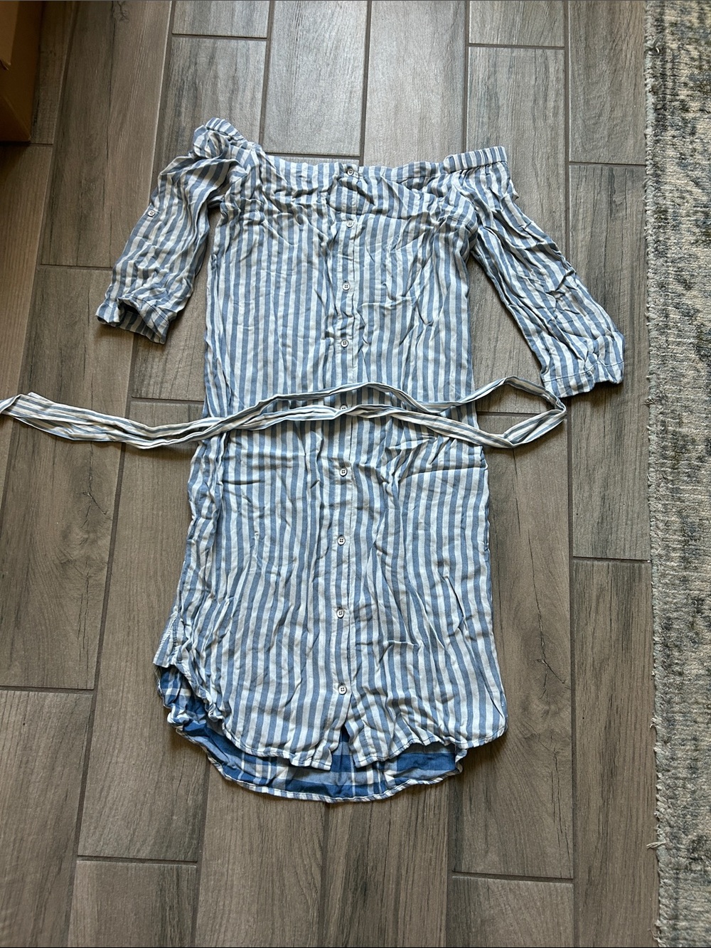 cloth & stone Blue and White Striped Off-Shoulder Midi Dress